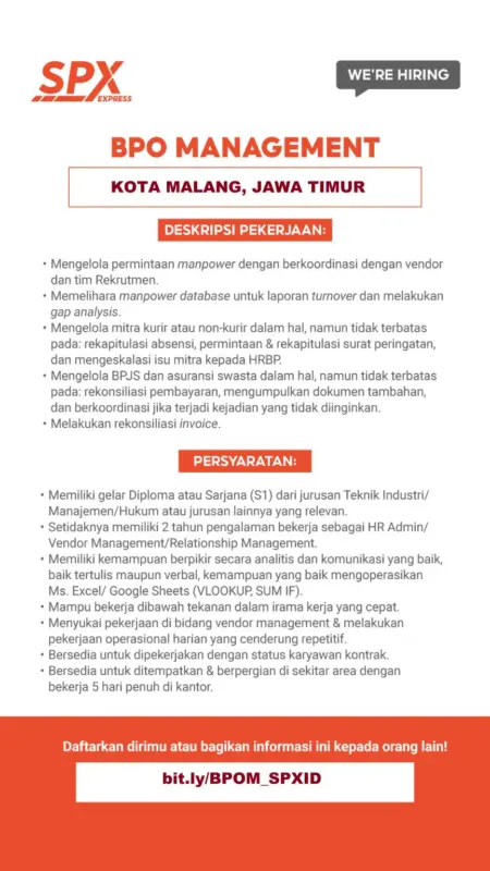 manajer bpo spx express kabupaten bojonegoro jawa timur 50166c